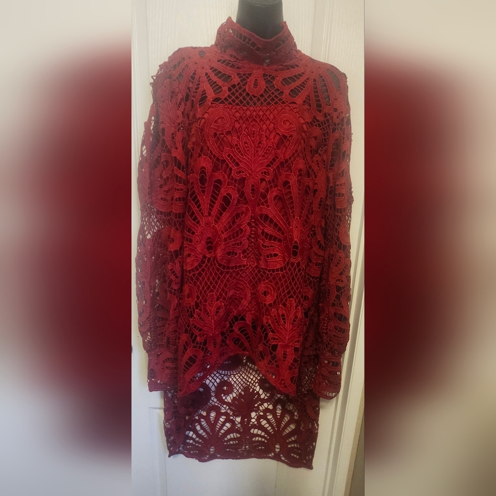 Boston Proper Red Lace High-Low Blouse Size XL EUC - Picture 2 of 6